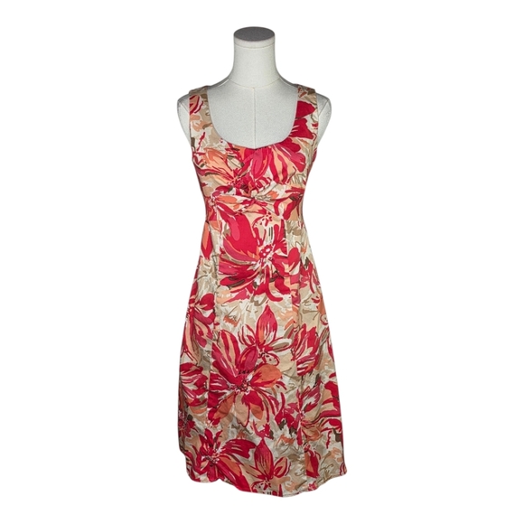 Coldwater Creek Floral Fit & Flare Dress Petite 6 Red Coral Sleeveless Lined - Picture 1 of 8